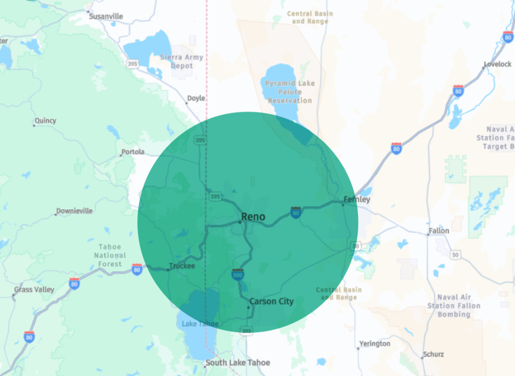 This map shows the primary service area of Tahoe Trolley, primarily Reno, Sparks, Carson City, Truckee, Incline Village, Fernley, Sun Valley, Spanish Springs